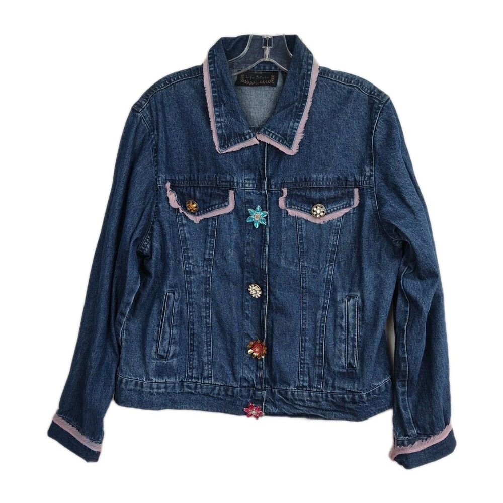 Life Style Denim Jacket Women's Size L Blue Rhinestone Pin Accents Pink Trim